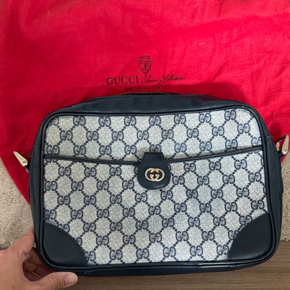 Vintage Gucci Black and Gray Monogram Crossbody Bag - navy solid leather details